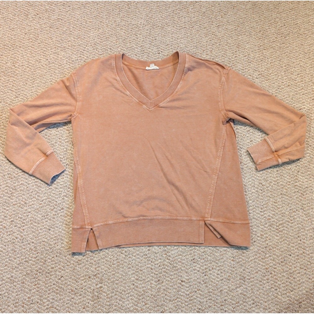 Jane and Delancey V Neck Pullover Sweatshirt Womens S Tan Lightweight Classic